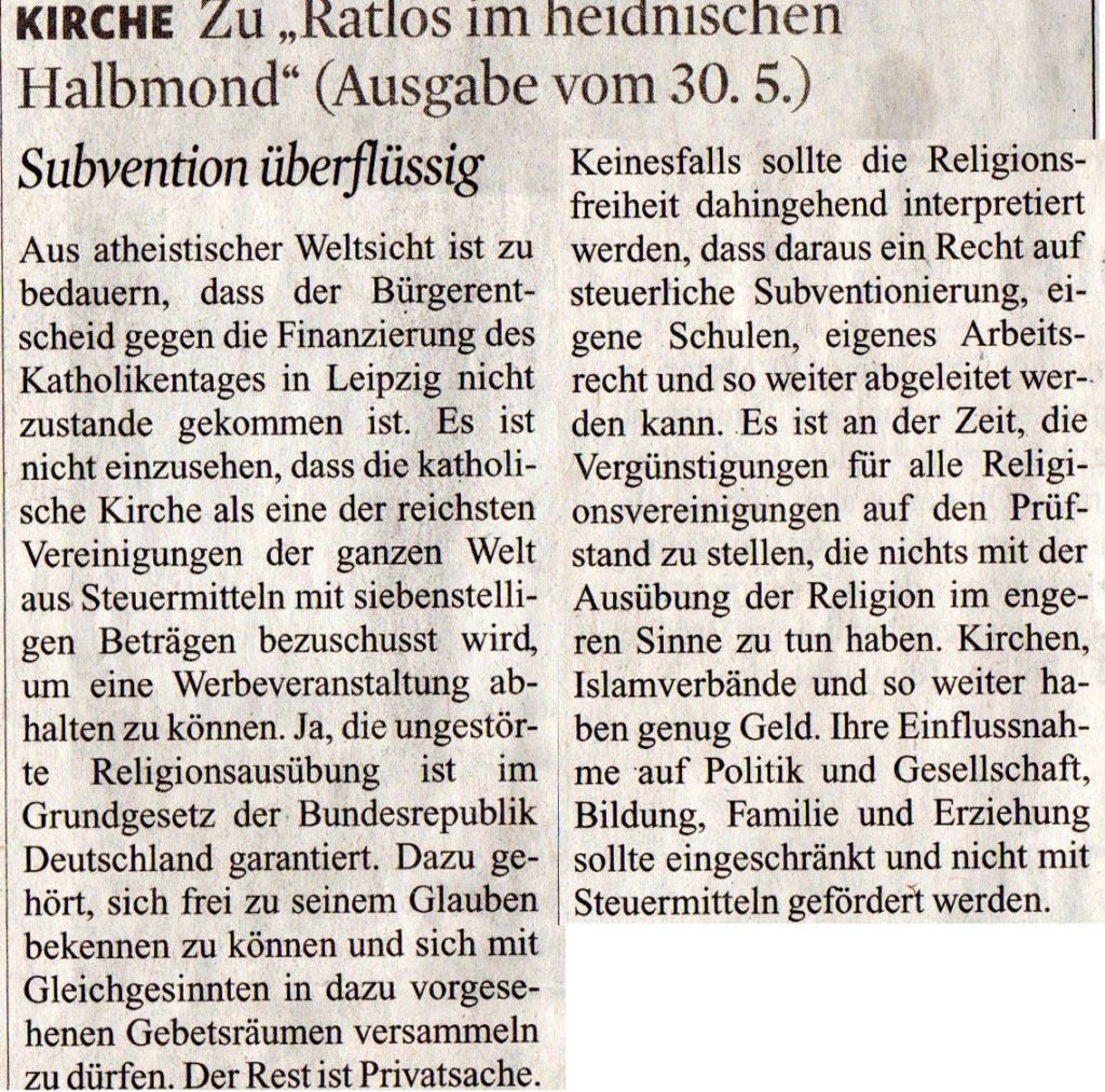 Schreiberleins Leserbrief aus dem Kölner Stadtanzeiger vom 16.06.16